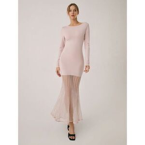 Commense Elegant Pink Lace Hem Mermaid Sweater Bodycon Sheer Pleated Skirt Large